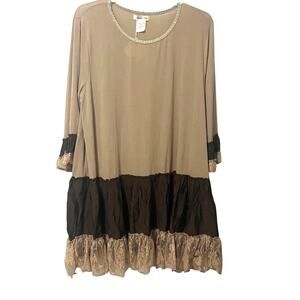 PAISLEY VINE LONG SLV RND NECK MIDI BOHEMIAN DRESS, WOMENS, 2XL, TAN/BROWN, LACE